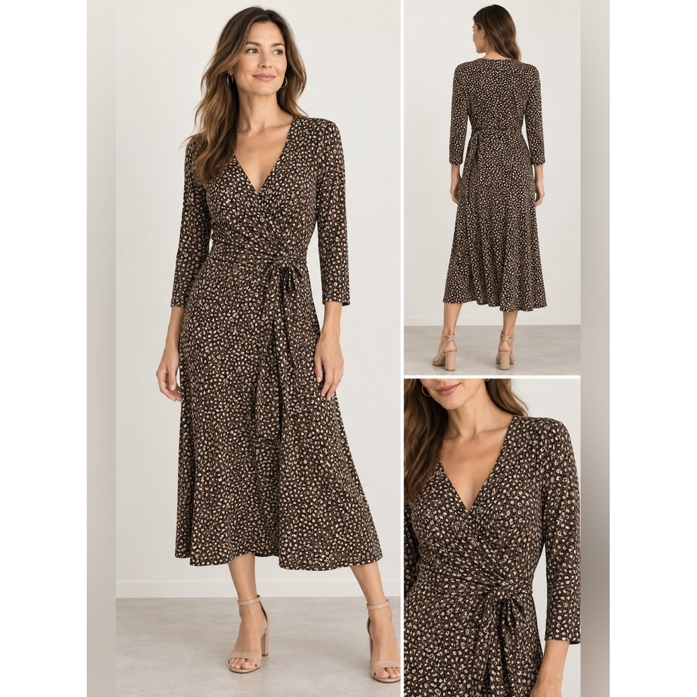 Chico's Travelers Size 2 Leopard Animal Print Faux Wrap Midi Dress Stretch USA